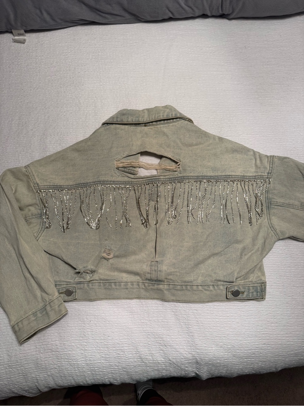 Cropped Beaded Fringe Denim Jacket - Light blue